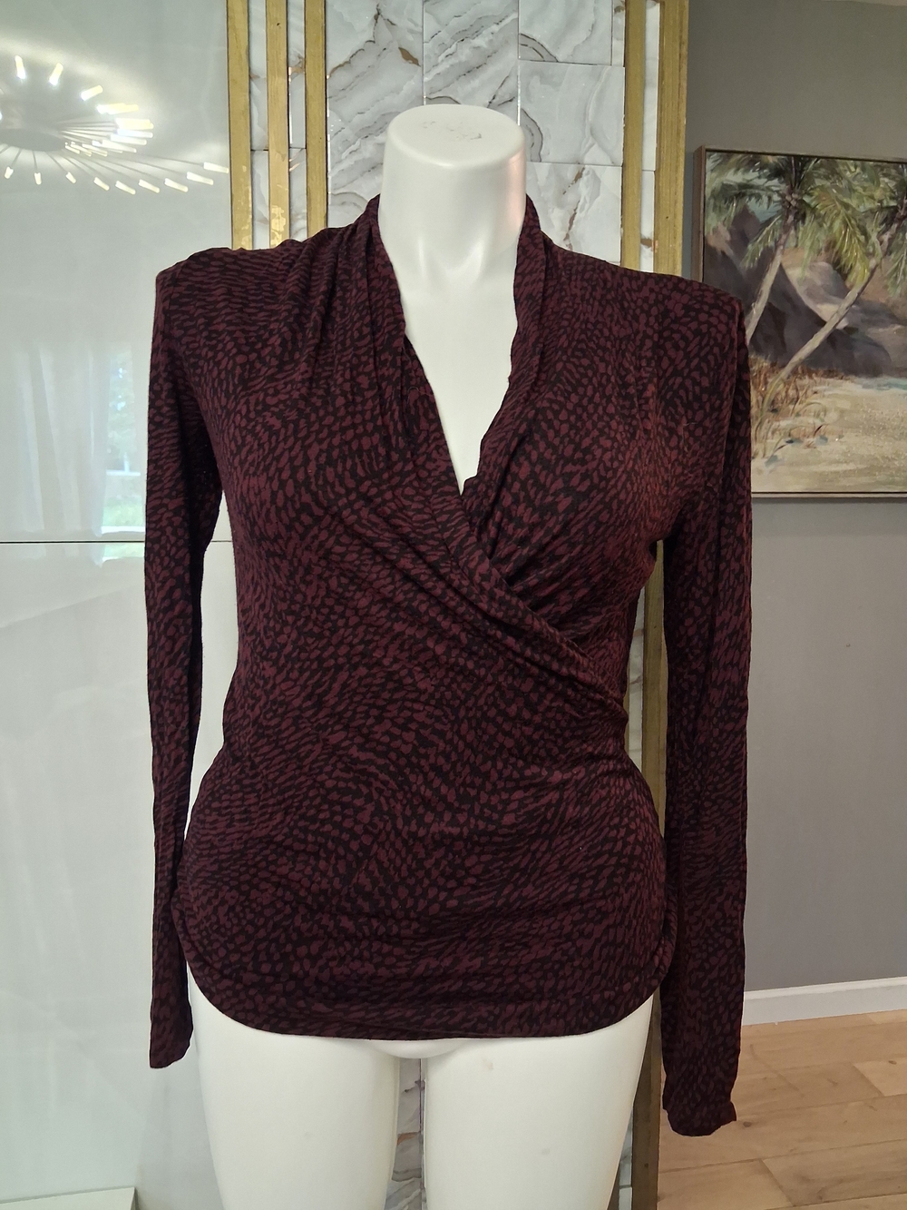 Apt. 9 Burgundy & Black Wrap-Style Long Sleeve Top